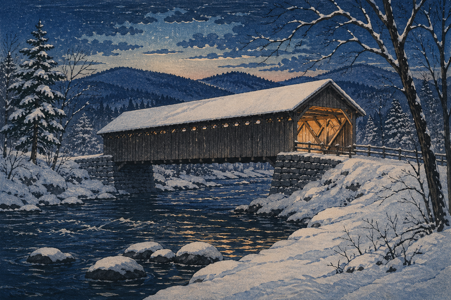 冬の屋根付き橋、雪と川と夕暮れ