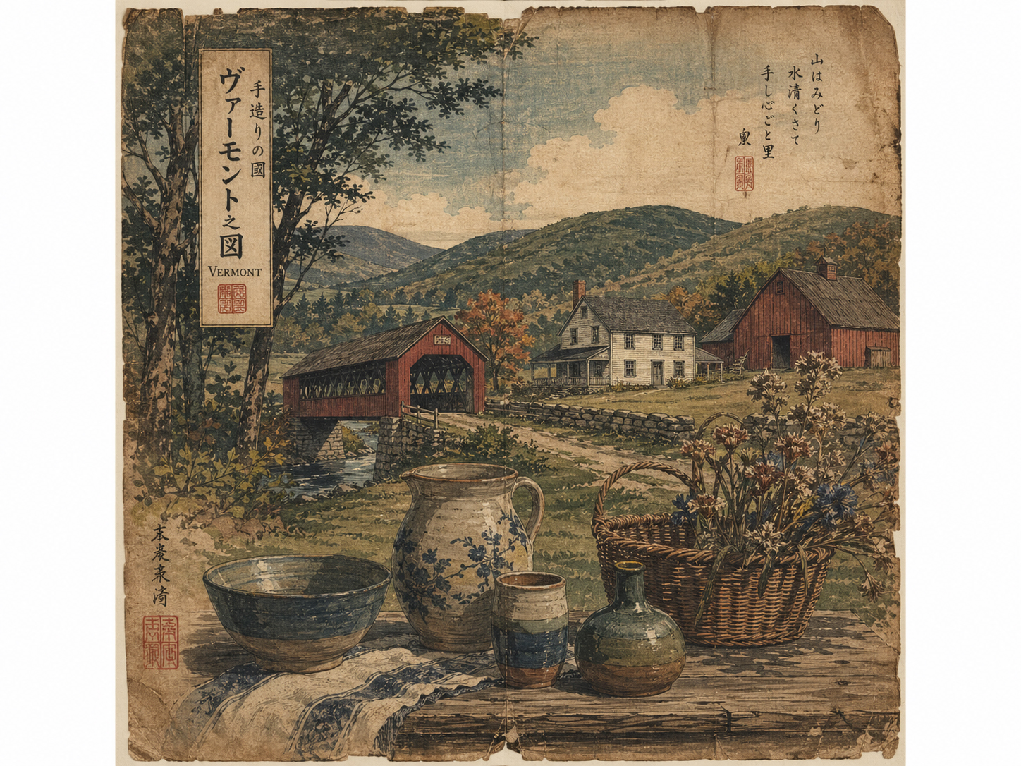 屋根付き橋、農場、陶器を描いた手仕事のアメリカの特集画像