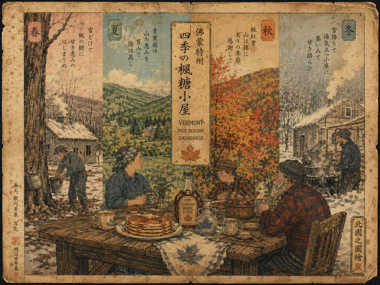 四季のメープル、春の糖小屋、秋の葉、冬の雪、食卓