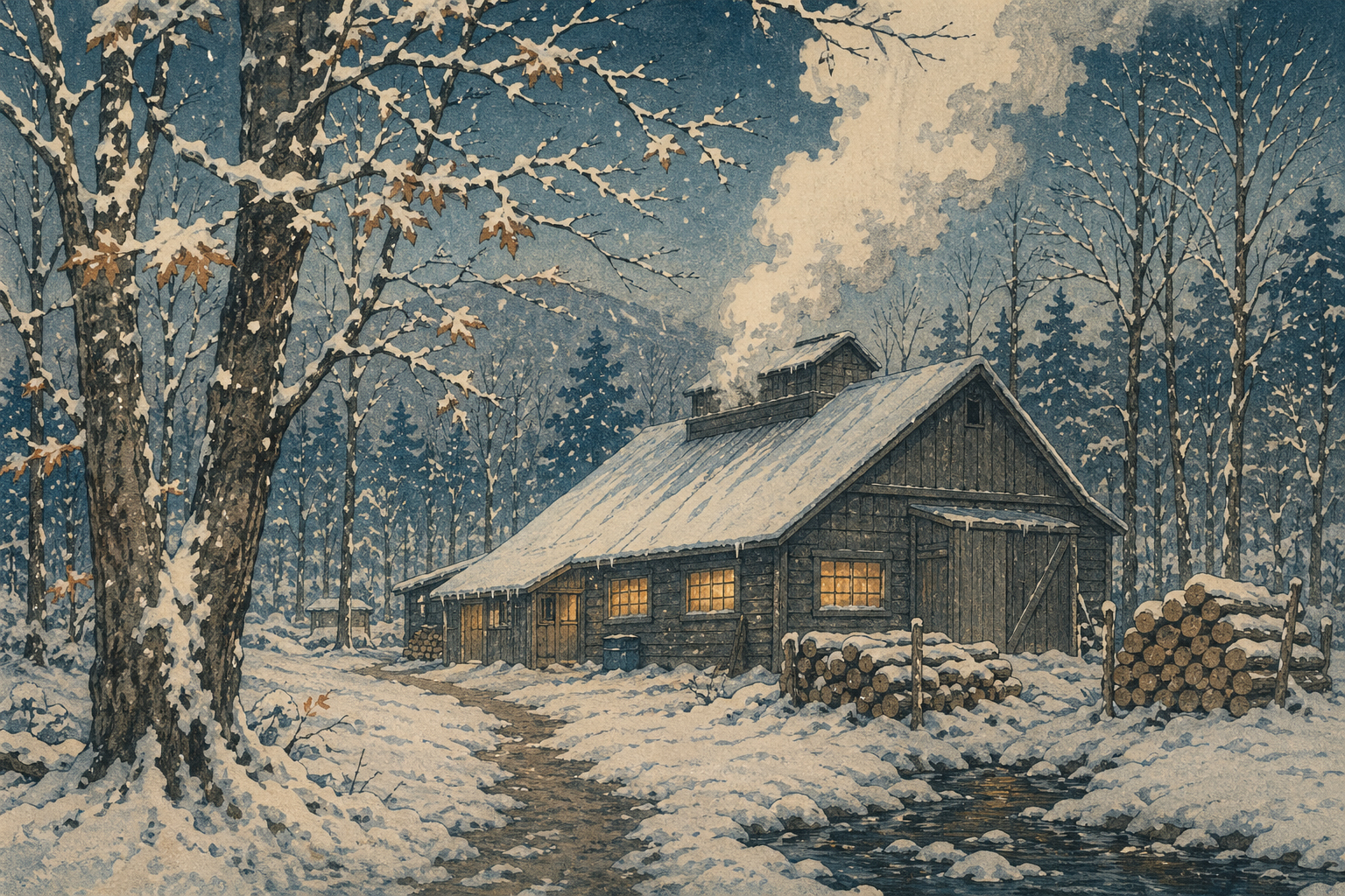 雪の森の糖小屋からメープルの蒸気が上がる風景