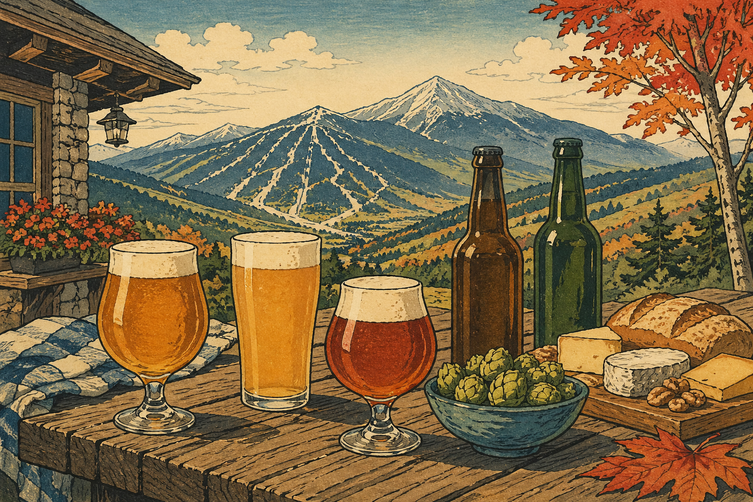山の町のテーブル、クラフトビールと料理