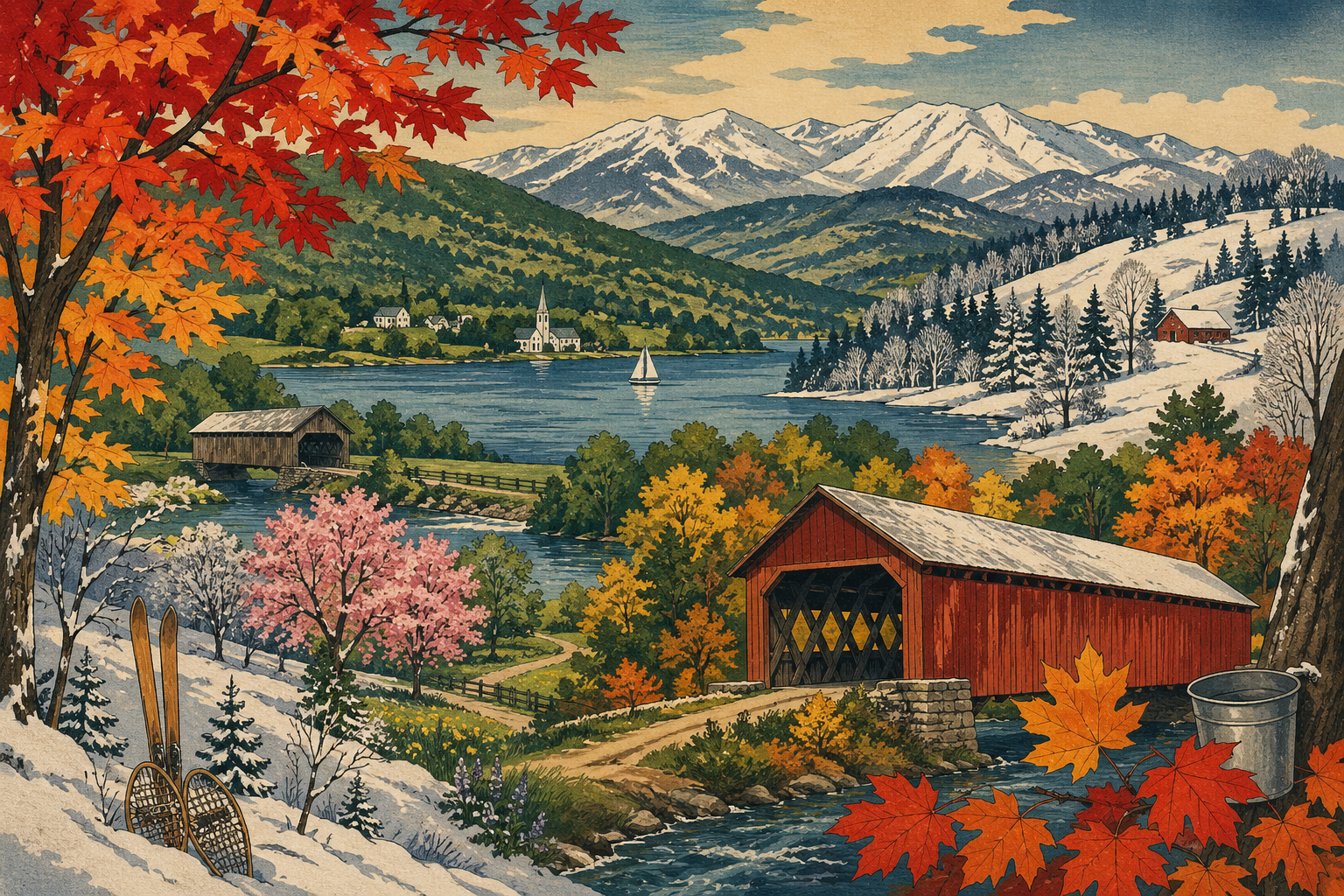 バーモントの屋根付き橋、メープル、湖、雪、山を描いたギャラリーの風景