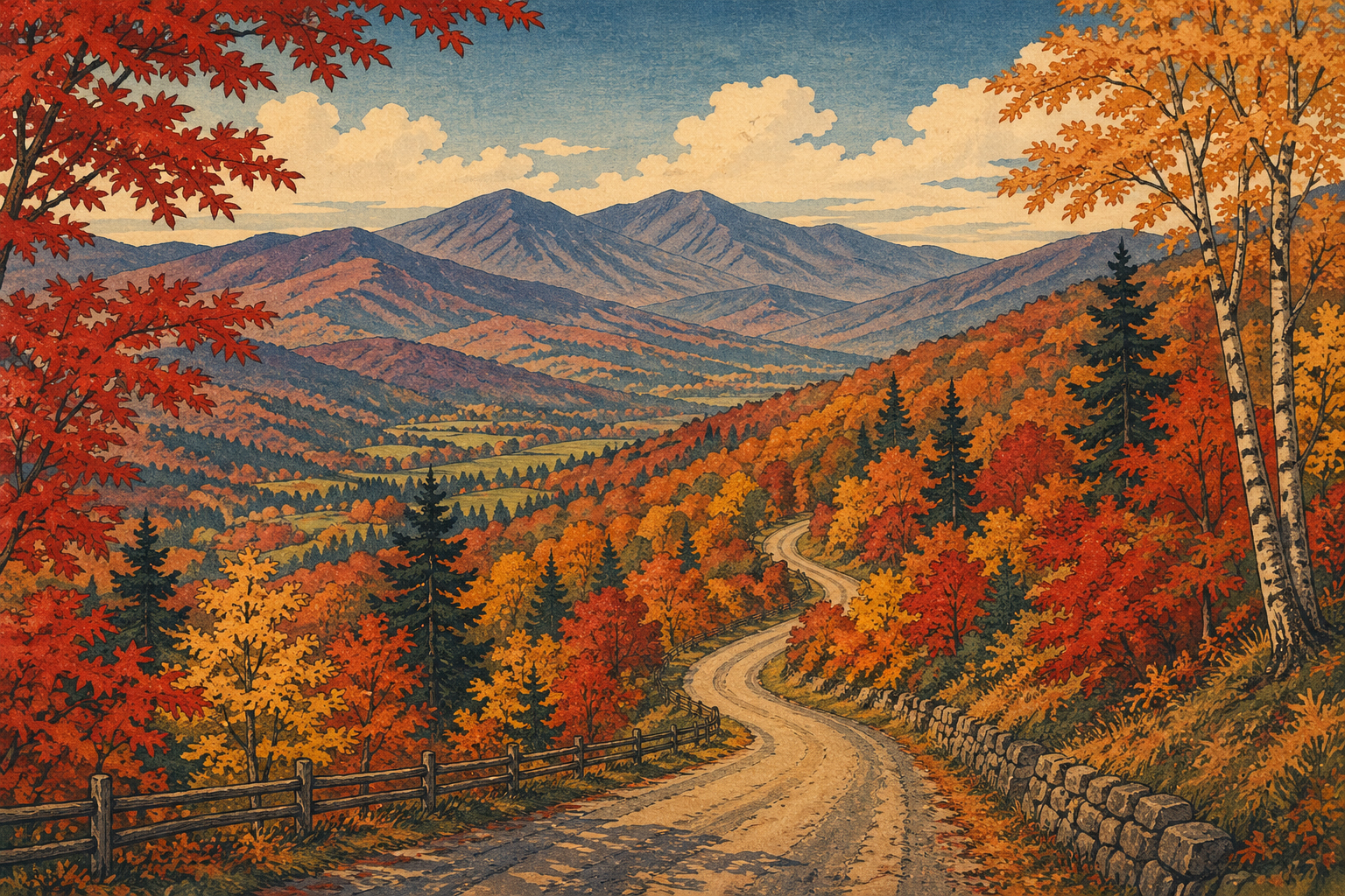 秋のグリーン山脈、紅葉の道と村