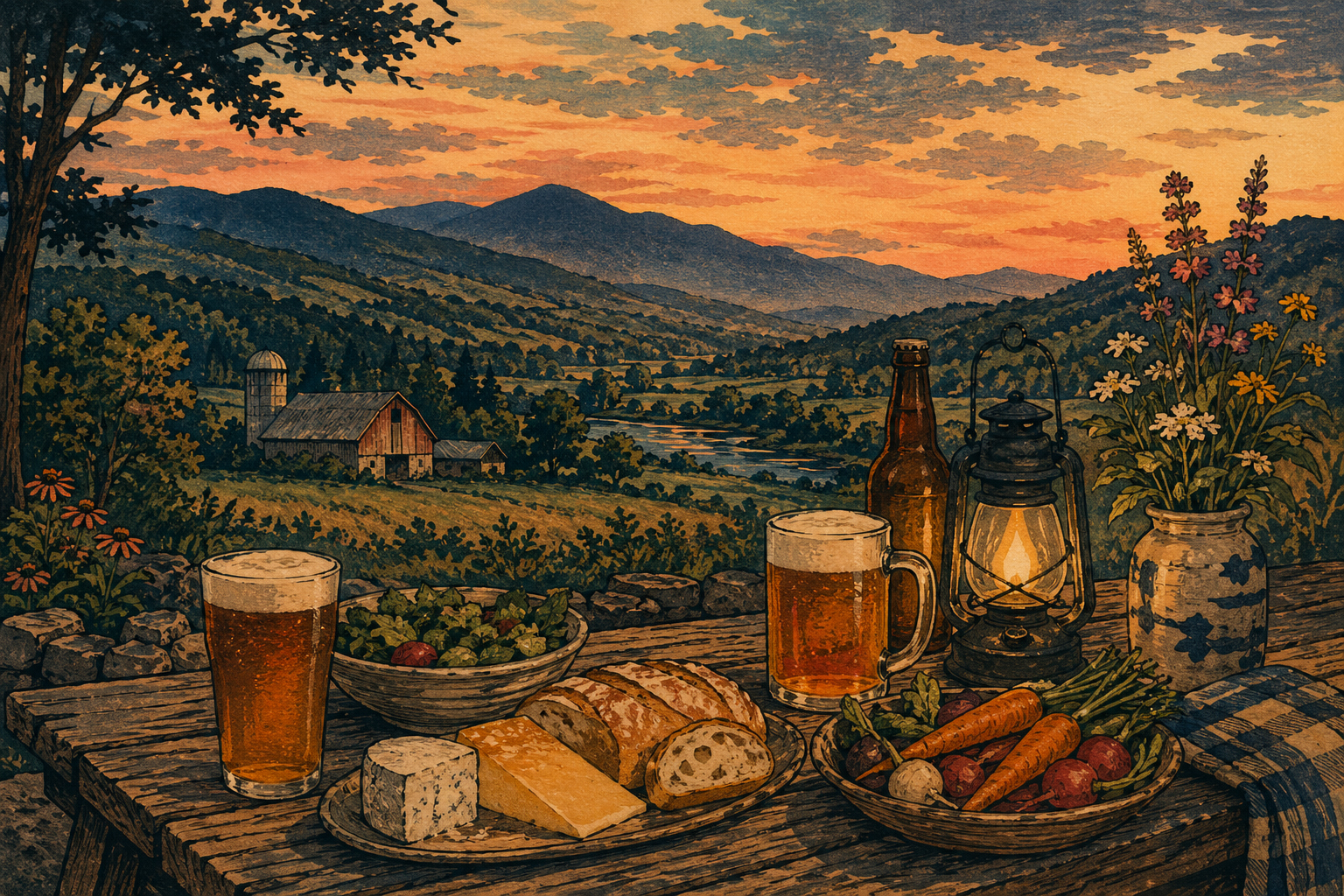 マッド・リバー・バレーの夕食、地元ビールと山の食卓